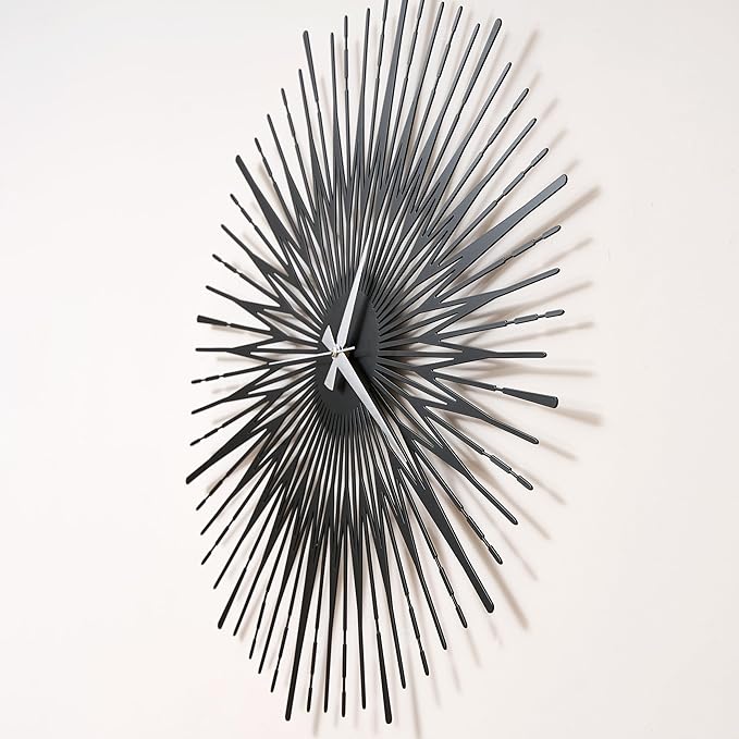 Sun Rays Wall Clock, Large Metal Decorative Wall Clock, Modern Minimalist Wall Decor (Black, Large)