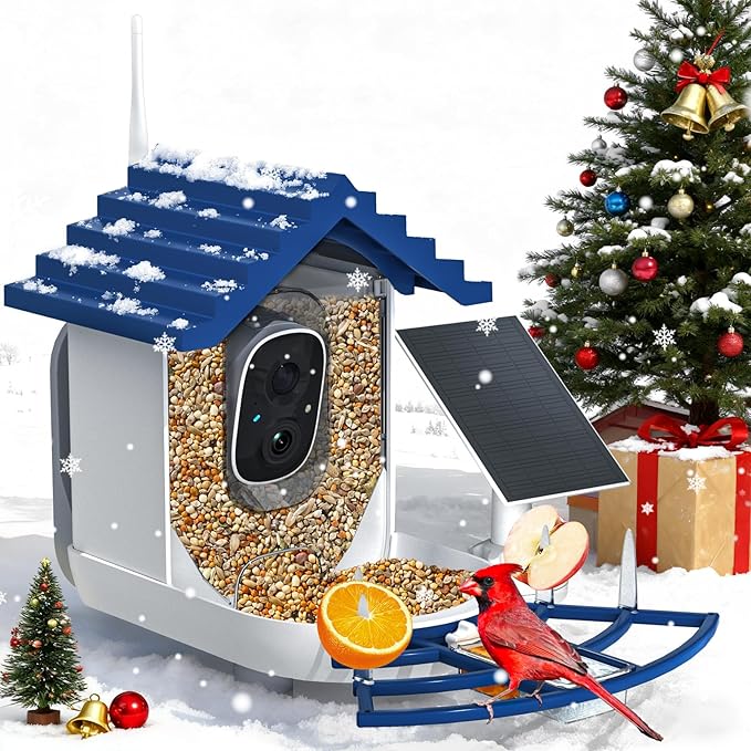 Smart Bird Feeder with Camera Solar Powered & AI Bi rd Identification, 2.4Ghz WiFi Bird feeders for Outdoors, 2K Live Video, Nstant Arrival Alerts - Gifts for Women