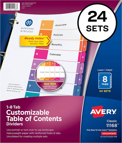 Avery 10-Tab Dividers for 3 Ring Binders, Customizable Table of Contents, Multicolor Tabs, 24 Sets (11169) & 8-Tab Dividers for 3 Ring Binders, Customizable Table of Contents, Multicolor Tabs