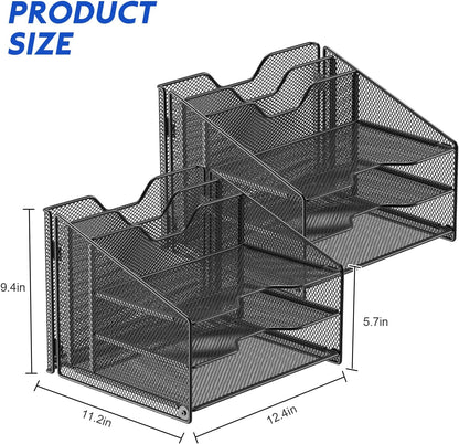 Samstar 2 Pack Mesh Desk File Organizer Letter Tray Holder, Desktop File Folder Holder with 3 Paper Trays and 2 Vertical Upright Section, Black