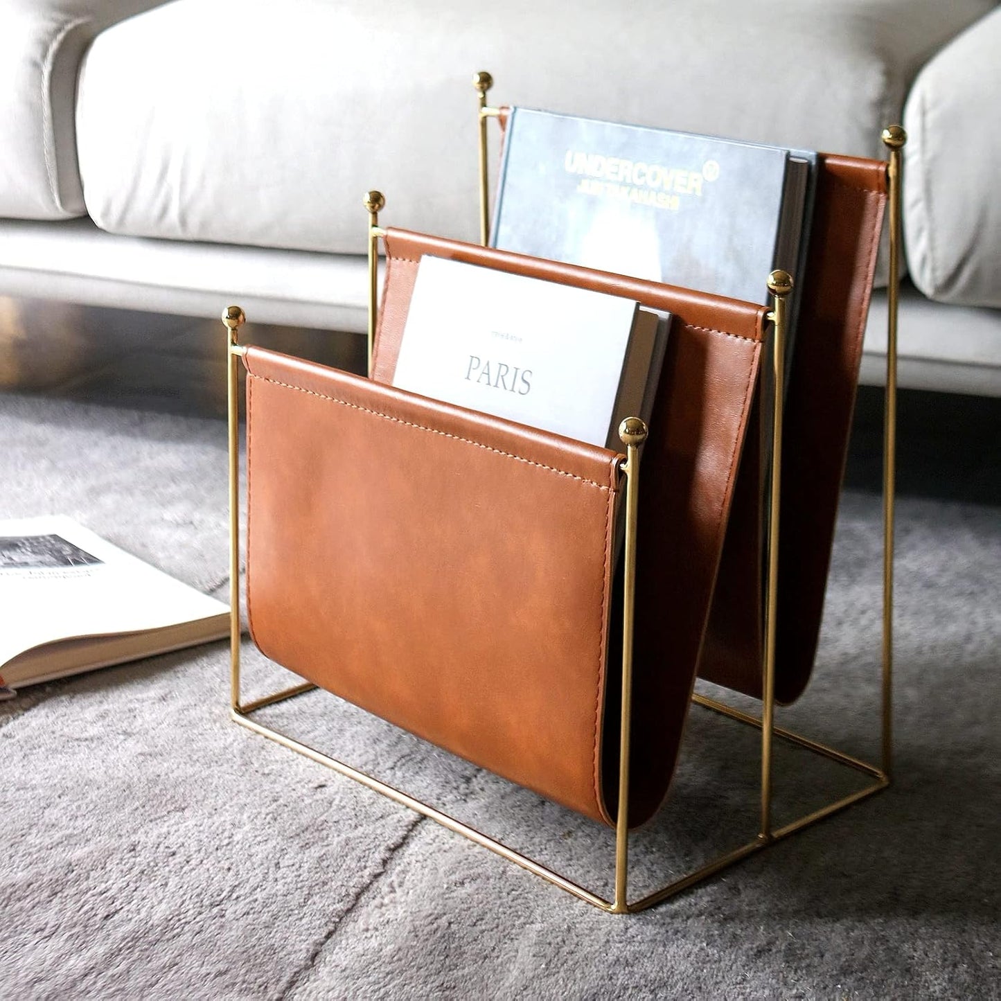 Plated Metal Wire and Leatherette Magazine Holder Rack, 2-Slot Standing Rack for Magazines, Books, Newspapers, Home Staging Decoration