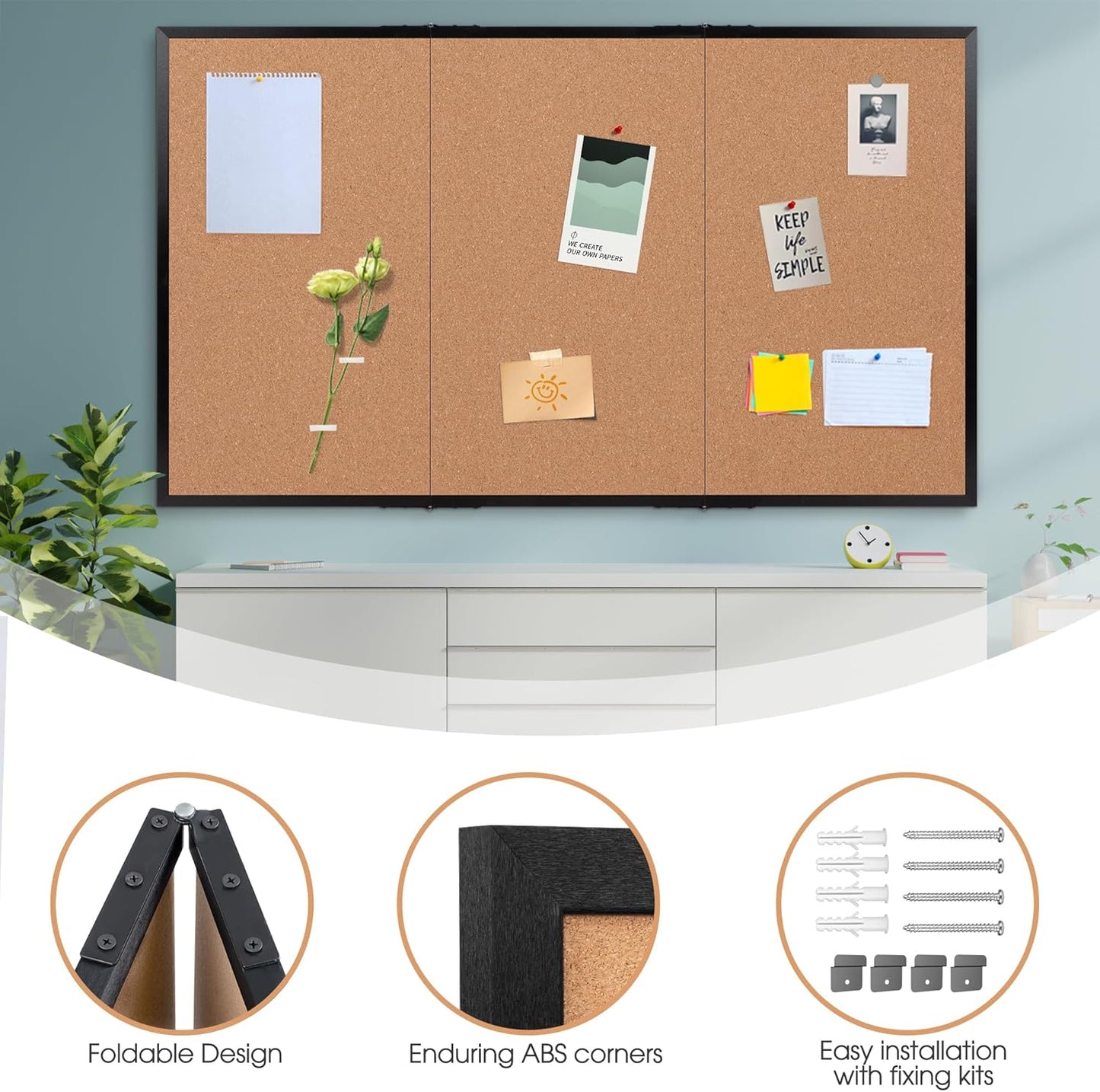 Board2by Extra Large Cork Bulletin Board 96" X 48", Foldable Notice Pin Board for Wall, Black Woodm Framed 8'x4' Corkboard, Wall Mounted Noticeboard with 32 Push Pins for School, Home & Office