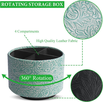 lizimandu Round Leather Art Supply Organizer,Remote Control Holder,360 Degree Spinning,Multi-Functional Pencil Holder,4 Compartments Desktop Stationary Organizer(1-Carved Stone Green)