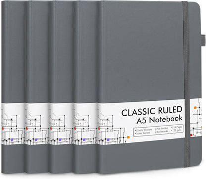 feela 5 Pack Journal Notebook Bulk for School, Hardcover Business Notebooks Classic Ruled Lined Journals with Pen Holder for Work Note Taking, with 5 Black Pens, 120 GSM, 5.1”x8.3”, A5, Gray