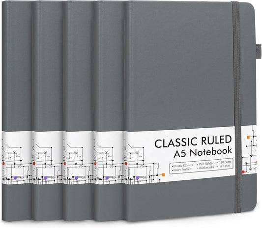 feela 5 Pack Journal Notebook Bulk for School, Hardcover Business Notebooks Classic Ruled Lined Journals with Pen Holder for Work Note Taking, with 5 Black Pens, 120 GSM, 5.1”x8.3”, A5, Gray