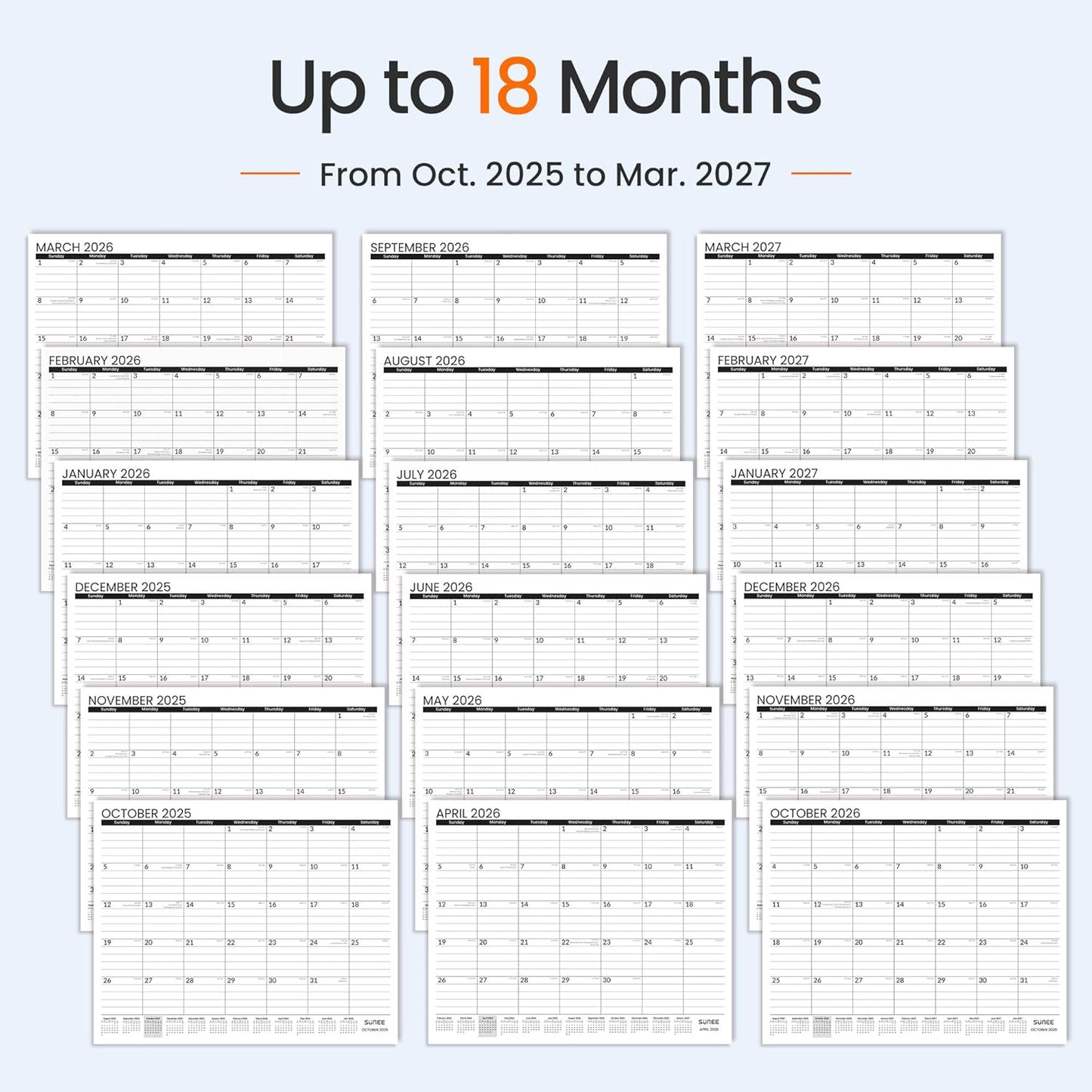 SUNEE Desk Calendar 2025-2026 Large 22x17 from October 2025 to March 2027, Extra Large Desktop Monthly Calendar Pad 18 Months For Teacher or Family, Desk Top, Black