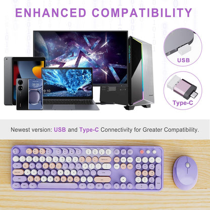 Wireless Keyboard and Mouse Combo, Ergonomic Full Size Typewriter Retro Round Keycaps Keyboard, Compatible with Windows, PC, Perfer for Home and Office Keyboards (Purple