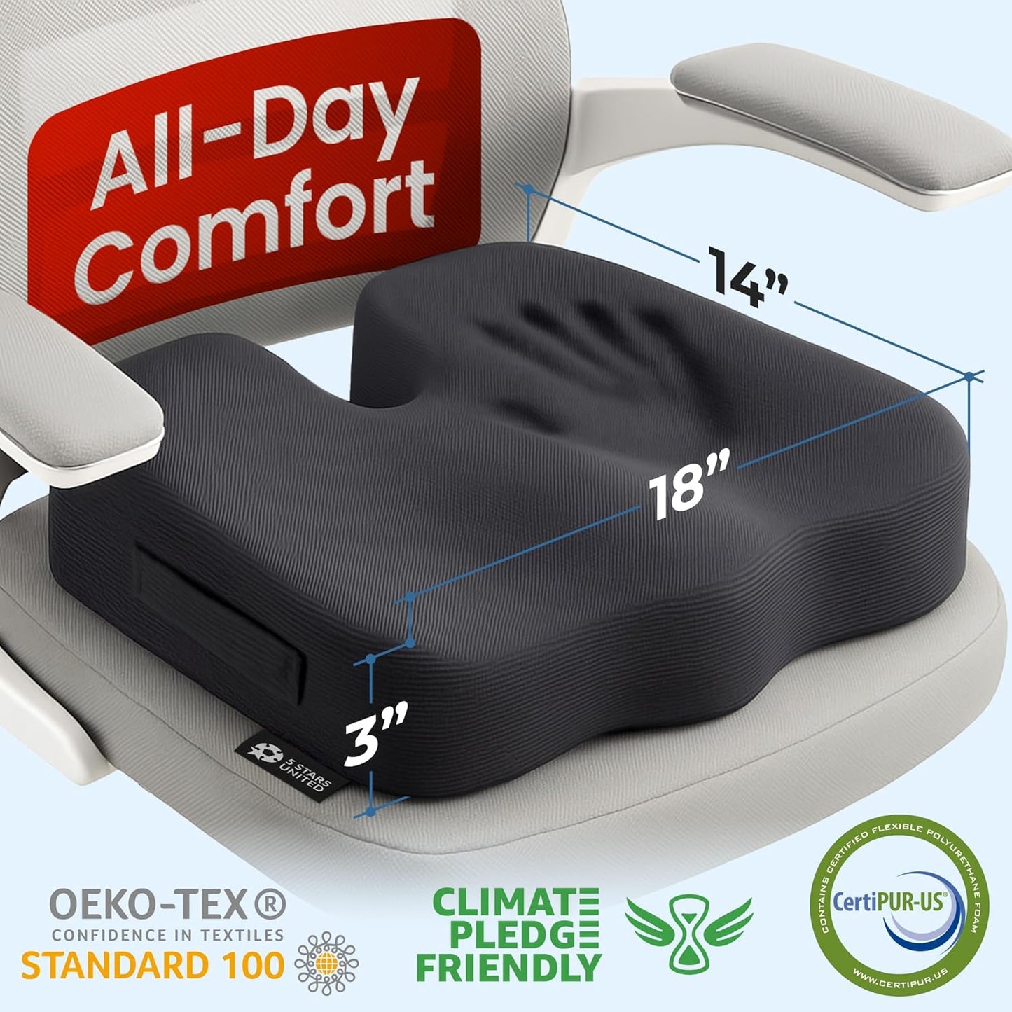5 STARS UNITED Seat Cushion for Tailbone Pain Relief – Memory Foam Lifting Pillow for Coccyx, Hemorrhoid, Sciatica & Post-Surgery Recovery – Wheelchair, Car, Desk, Gaming & Office Chairs, Arctic Black