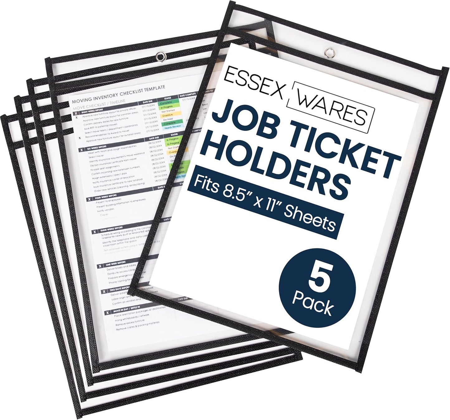Essex Wares - 5 Pack, Black, Job Ticket Holders, 10" Wide x 13.5" Tall - Clear Plastic Shop Ticket Holders - Easy to Use, Reusable & Easy Erase Plastic Invoice Holders, Water-Resistant & Durable