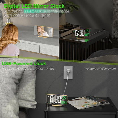 KOSUMOSU Desk Clock for Bedroom Accessories 6.7in Gold Digital Alarm Clock with Dimming,12/24h, Date, Day of Week, Temp, LED Clock, Modern Digital Calendar Clocks for Living Room Essentials