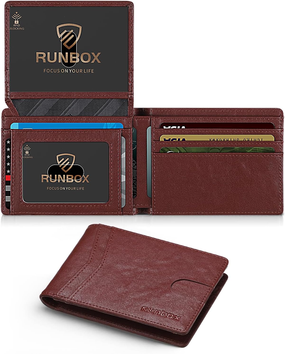 RUNBOX Wallet for Men Slim Rfid Leather 2 ID Window With Gift Box