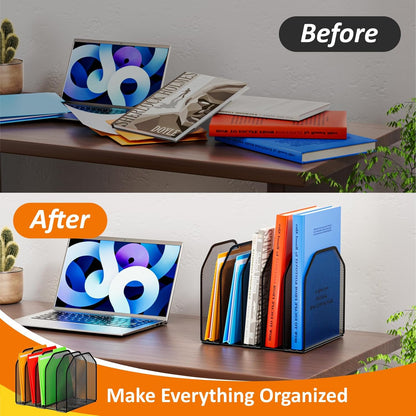 Desk File Organizer, Adjustable 5 Sections Upright Desktop Organizer File Sorter, Sturdy Metal Mesh Vertical Bookshelf File Holder Workspace Accessories for Home,School,Office Classroom,Black