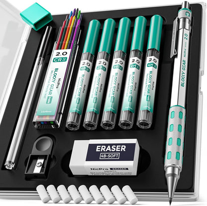 Nicpro Blocky Gear 2mm Metal Mechanical Pencils Set with Case, Drafting Pencil with 6 Tubes 2mm Lead Refill (HB 2B 2H 4B 4H & Colors) Sharpeners, Erasers for Artist Art Writing Drafting Drawing