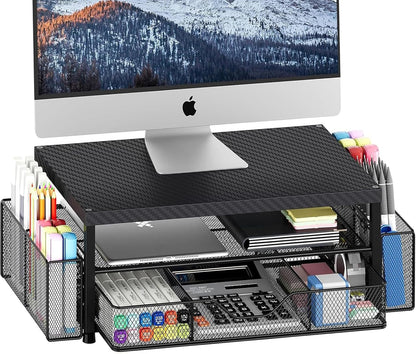 Desk Organizer and Accessories, 2-Tier Computer Monitor Stand with Drawer and 2 Pen Holders, Laptop Stand, Office Desk Accessories for Office Supplies, Carbon Fiber