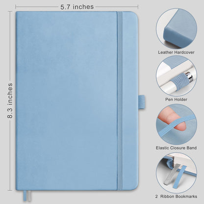 RETTACY Lined Journal Notebook, 192 Numbered Pages, A5 Medium Size (5.7'' x 8.3''), for Men & Women, Journaling, Writing, Work & Office, Leather Hardcover, 100 GSM Thick Paper (Light Blue)