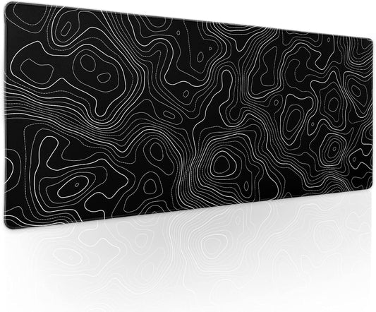 Topographic Contour Black Gaming Mouse Pad XL Topo Geographic Map Lines Extended Large Mouse Pad Big Desk Mat Non-Slip Rubber Base Stitched Edge Long Keyboard Playmat for Desk Computer,31.5×11.8 in