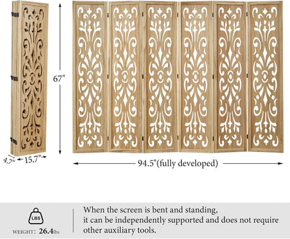 5.6Ft Room Divider Folding Wood Classical Carved Partition Screen for Home Office Garden - 6 Panels (Natural)