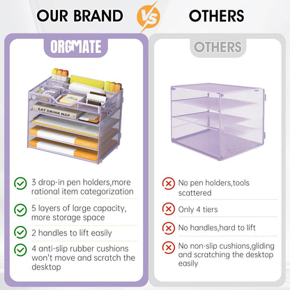 5 Tier Paper Letter Tray with 3 Drop-in Pen Holders, Mesh Desk File Organizer with Handle, Desk Organizers and Accessories for School,Home, Office Supplies Storage-Purple