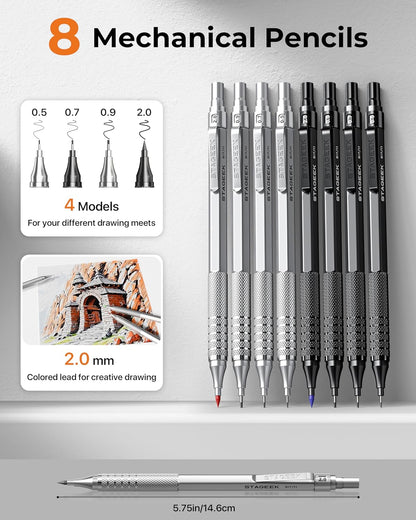45PCS Black & Silver Metal Mechanical Pencil Set in Leather Case, 0.5, 0.7, 0.9, 2.0mm Drafting Pencils with 28 Tubes(6B 4B 2B HB 2H 4H & Colors)Lead Refills for Art Drawing, Sketching,Writing