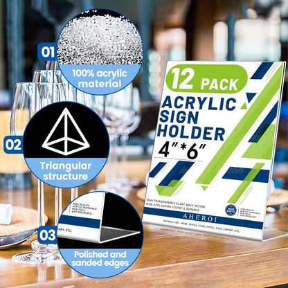 Aheroi 12Pcs Acrylic Sign Holder, 4x6 Clear Sign holders Paper Stand, L-shape Table Sign Holders Plastic Sign Holder Standing, Paper Display Stand for Menu Document Holder Office Desktop