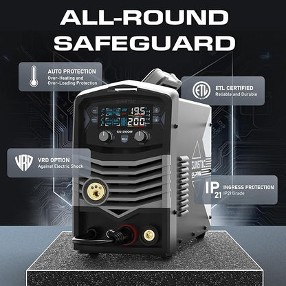 MIG Welder, 200A 110V/220V MIG/Flux Core/Spool Gun/Lift TIG/Stick 5 in 1 Aluminum MIG Welding Machine, IGBT Inverter Synergic Control, Digital Screen Display, Over Loading Protection