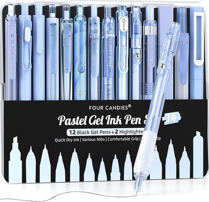 Four Candies 14Pack Pastel Gel Ink Pen Set,Cute Retractable 0.5mm Fine Point Pen,Note Taking Aesthetic Pens,12 Pack Black Ink Pens with 2Pack Highlighter, Smooth Writing Pens for School, Office (Blue)