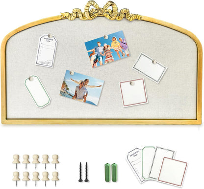 Vintage Arched Linen Cork Board with Gold Bowknot – Decorative Bulletin Board for Walls, Iron Frame Pin Board for Notes, Photos & Reminders, Elegant Vision Board for Home & Office 24"x 15"