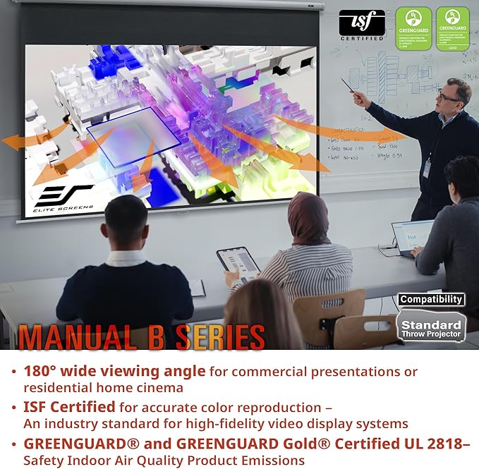 Elite Screens Manual B Series, 100-inch Diagonal 4:3, Pull Down Projection Manual Projector Screen with Auto Lock, M100V