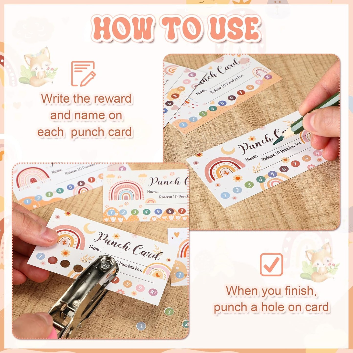 Fumete 400 Pcs Punch Cards for Classroom Reward Cards Behavior Incentive Loyalty Awards for Kids Students Teachers School Business, 8 Styles, 3.5 x 2 in(10 Boho Punches Style)