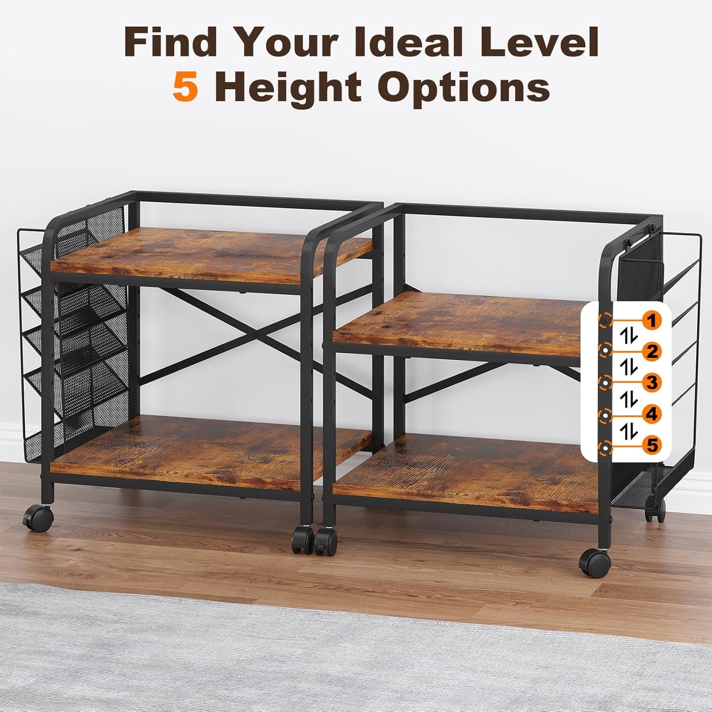 EasyCom 24"x20" Large Printer Stand with Hanging File Holder Organizer, Adjustable Height Shelf with Wheels, Under Desk Table with Storage for Printer Scanner Fax Home Office Use Rustic Brown