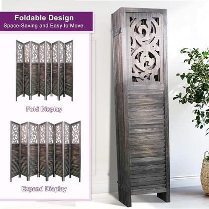 Room Divider, 5.6FT Folding Room Divider Panel, 8 Panel Craved Wood Partition Wall Divider for Room Separation, Rustic Brown
