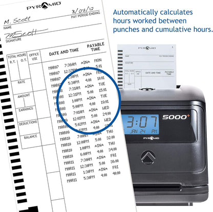 Pyramid Time Systems, Model 5000 Auto Totaling Time Clock, Handles up to 100 Employees, Made in USA, Black & 5000R Genuine Replacement Ribbon for 3550ss, 3600ss, 4000Pro, 5000, 5000HD Time Clocks