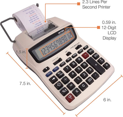 Victor Printing Calculator, 1208-2 Compact and Reliable Adding Machine with 12 Digit LCD Display, Battery or AC Powered, Includes Adapter,White