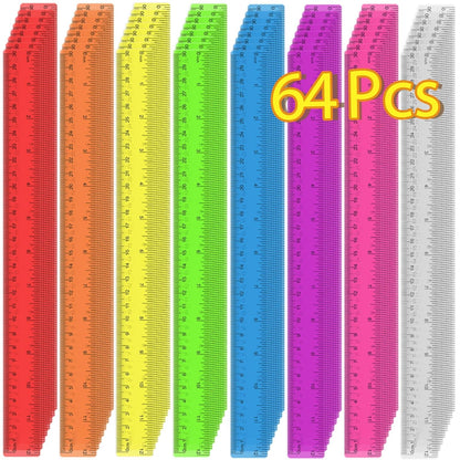 64 Pack Plastic Ruler 12 Inch in Bulk, Plastic Rulers in Assorted Colors, Clear Ruler with Inches and Centimeters, Transparent Rulers Bulk for Kids Back to School, Classroom, Office, Home Supplies