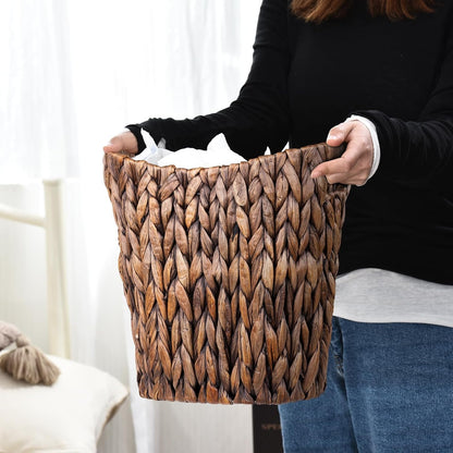 FairyHaus Wicker Waste Basket with Handle, Hand-Woven Water Hyacinth Trash Can for Bathroom Bedroom, Brown Wicker Storage 13 x 7.5 x12.2