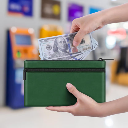 HAUTOCO 2 Pack Money Bag with Zipper 11x6.1 inch Money Pouch with Lined PU Leather Bank Bag Two Pockets Utility Wallet for Cash Check Receipt Coins Cosmetics, Deep Green
