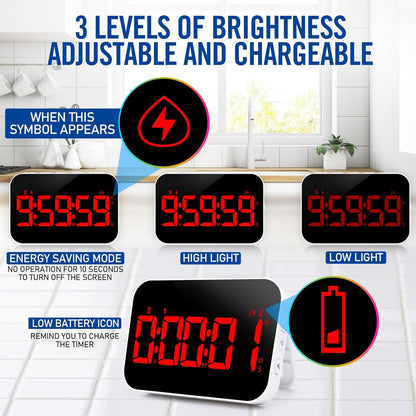 KMMKGGKitchen Timer（1.5" Number） Large Digital Magnetic Timer, Rechargeabilit, Countdown and Countup, 3 Brightness Display, 3 Volume Levels and Vibration Mode, for Cook, Adults Study Teaching(RED)