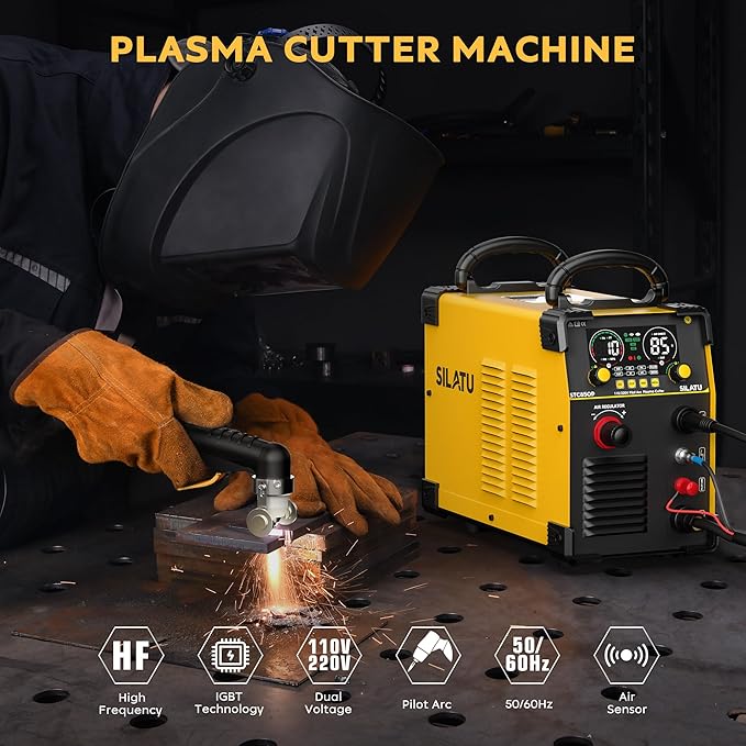 SILATU 85Amps Plasma Cutter, STC850P HF Non-Touch Pilot Arc Plasma Cutter Machine, 110/220V Dual Voltage Air Sensor Technology Digital Display, 1'' Clean Cut 5/4'' Max Cut, PT/2T/4T for Beginners DIY