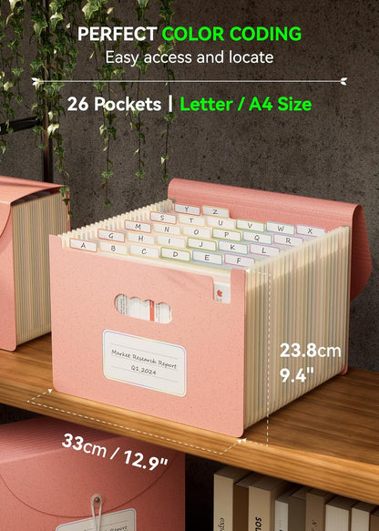 Accordion File Organizer, 26 Pockets Wheat Straw Expanding File Folder, Monthly Bill Receipt Organizer,A-Z Tabs,100% BPA Free,Return to Nature Healthy Living,Letter/A4 Size - Strawberry Pink