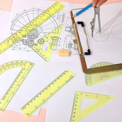 Zonon 1 Set Plastic Geometry Math Set Includes Drawing Compass, 6 Inch 4 Inch Protractor, 45/60 Degree Triangle Rulers 12 Inch 6 Inch Math Ruler Transparent for Office Supplies(Yellow)