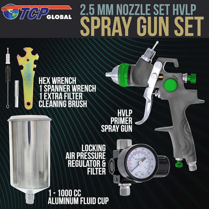 TCP Global Professional HVLP Spray Gun 2.5mm - Gravity Feed Auto Paint Gun Kit for Basecoat, Clearcoat, Primer - Spray Guns Paint Sprayer with Air Compressor Regulator (G6600-13)