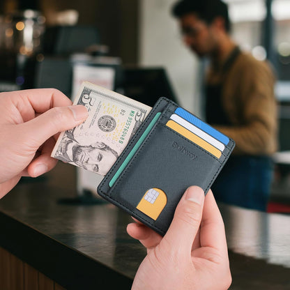 Buffway Slim Minimalist Front Pocket RFID Blocking Leather Wallets for Men and Women - Cross Blackish Green