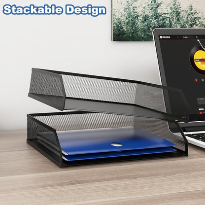 Natwind 2-Tier Stackable Paper Tray, Metal Mesh Desktop Organizer, A4 Desk Organizer, Stackable Letter Trays,File Folder Sorter Organizer with Sliding Tray for Home, Office, School (Black)