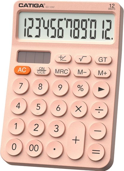 CATIGA 12 Digit Desktop Calculator Basic Desk Calculator with Large LCD Display, Big Buttons, 4 Function, Solar and Battery Dual Power, for Office, School, Home, SD-1292 Pink