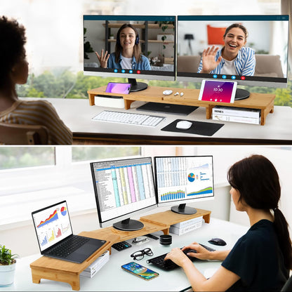 Nnewvante Monitor Stand Riser, 60 inch Large Bamboo Dual Monitor Stand for Desk, 3 Shelves Desktop Screen Riser with Adjustable Length Angle for Computer Laptop PC