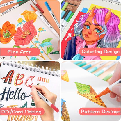 ZSCM Art Duo Tip Brush Markers Set, 60 Colors Fine Brush Tip Artist Drawing Pens Set with Coloring Book, for Adult Sketching Journal Planner School Supplies Gifts