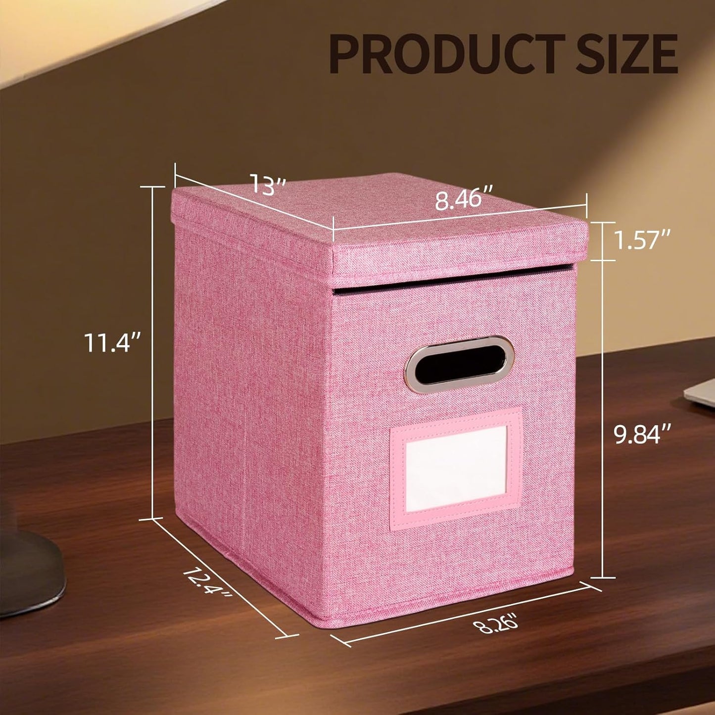 2 Pack Hanging File Folders Organizer with Lid, Letter Size Fabric File Storage Box Collapsible, Portable Office Document Holder with Metal Handle, Smooth PVC Rails, Pink