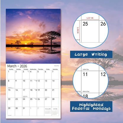 2026 Wall Calendar,Calendar 2026, July 2025 - December 2026, Wall Calendar Sunset, 12" x 24" Opened,Full Page Months Thick & Sturdy Paper for Calendar Organizing & Planning