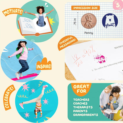 6 Self-Ink Flash Stamp Set, Multicolor Teacher Stamps for Classroom, Stamps for Teachers, Pre-Inked, Refillable Stamps (Celebration Set)