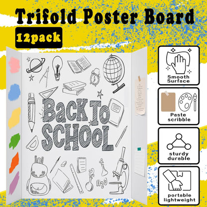 12 Pcs Medium Trifold Poster Board, 26.2" x 17.2" Presentation Board, with Double Sided Tapes and Cardboard, White Corrugated Project Boards/Science Fair/trifold Display Board for School Project
